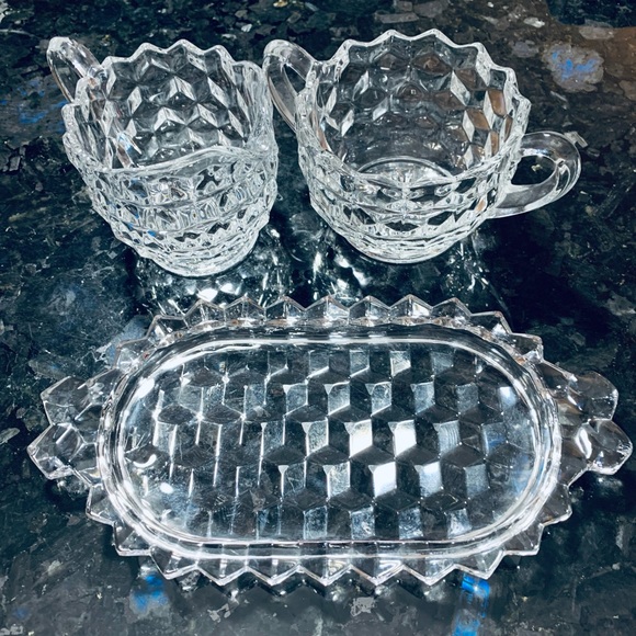 FOSTORIA American Glass Creamer Pitcher, Sugar Bowl, &Tray or Butter Dish - Picture 2 of 5